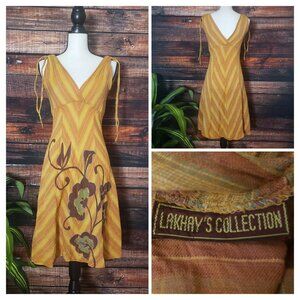 Lakhays Collection Vintage Dress Medium V-Neck V-Back Cotton Boho Hippie Floral